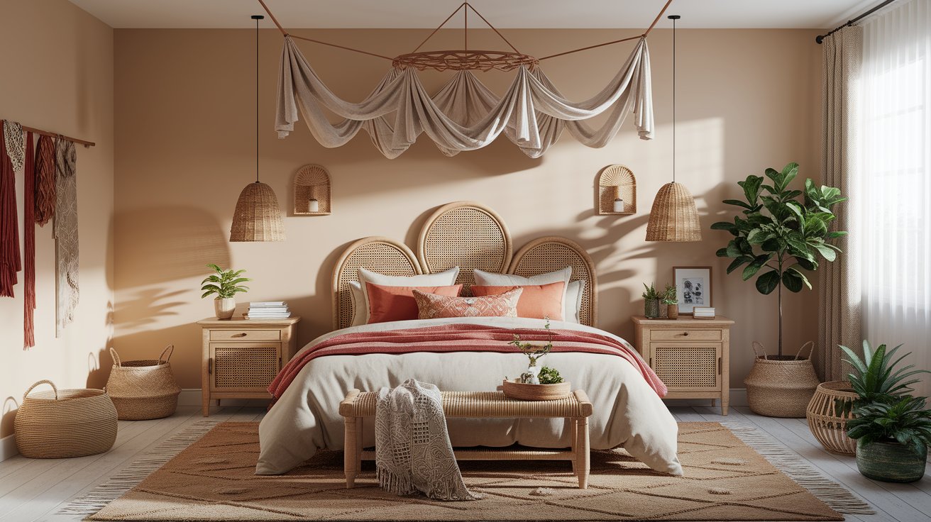 A cozy bedroom featuring a bed, a soft rug, and a stylish hanging lamp illuminating the space.
