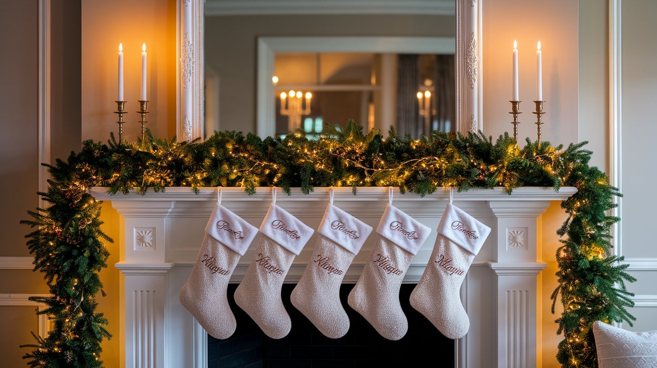 Stockings hanging on a fireplace mantel, surrounded by candles and a decorative mirror reflecting warm holiday ambiance.