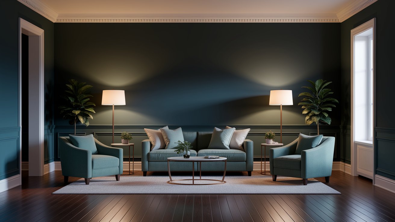 A living room featuring blue walls and green furniture, creating a vibrant and inviting atmosphere.
