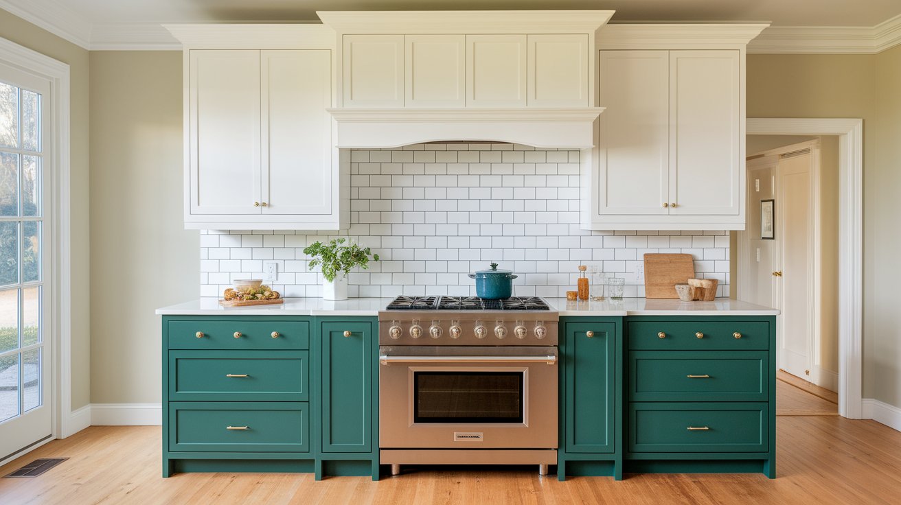A modern kitchen featuring green cabinets and white tiled walls, creating a fresh and vibrant atmosphere.