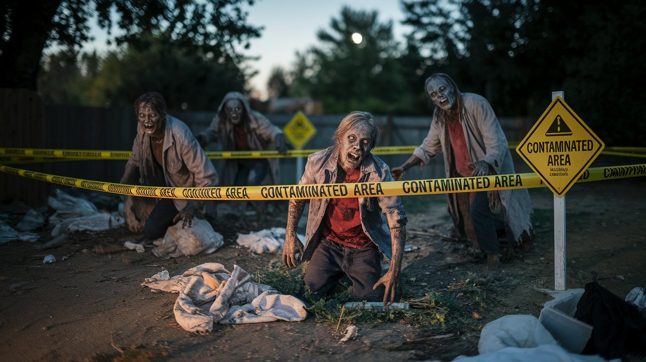 Zombies roam a yard surrounded by caution tape, creating a spooky atmosphere near a house.