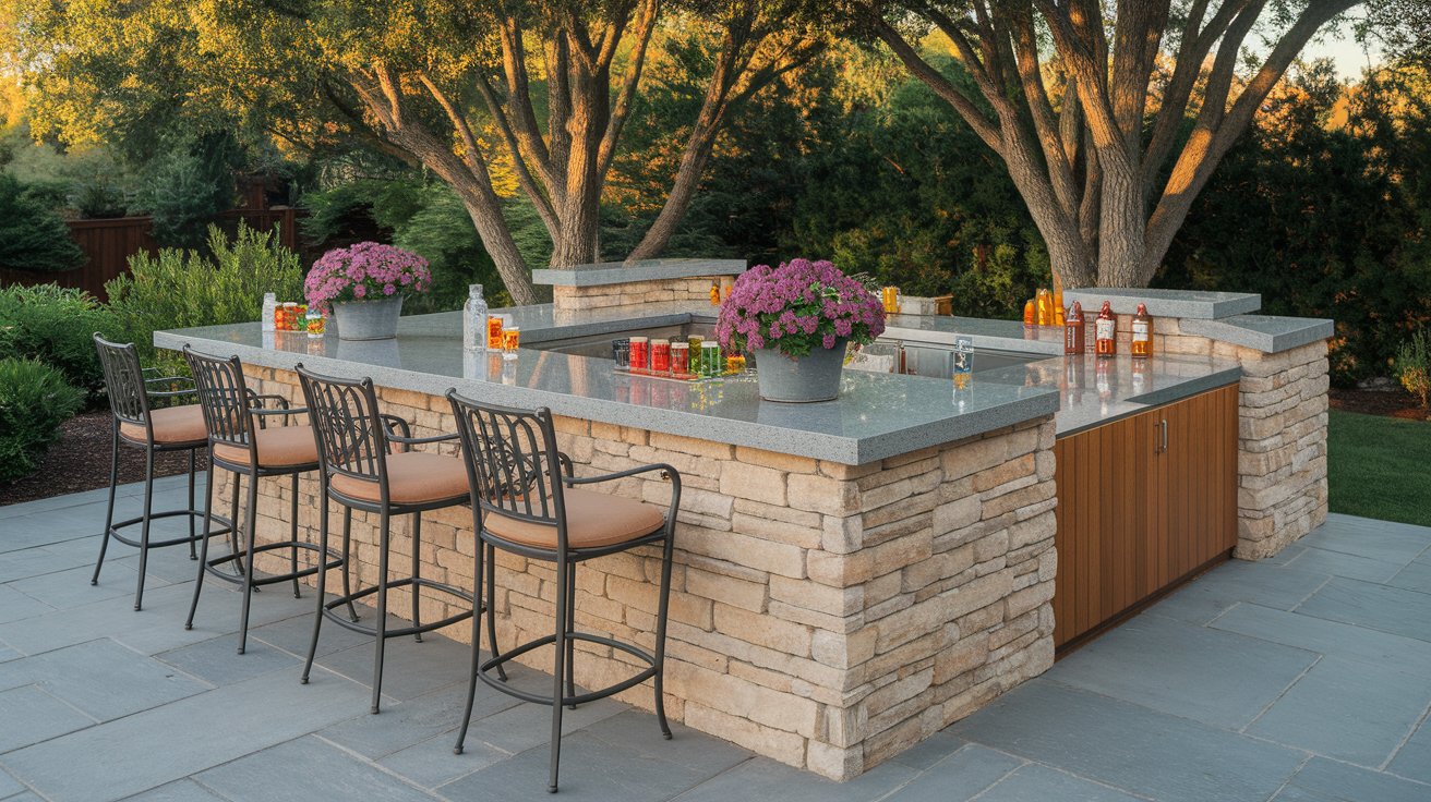 A stone patio featuring a bar and several chairs arranged for outdoor seating.