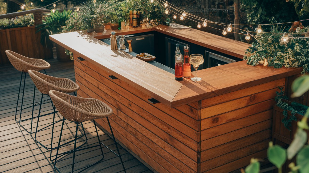A wooden outdoor bar with string lights and chairs, creating a cozy atmosphere for gatherings.