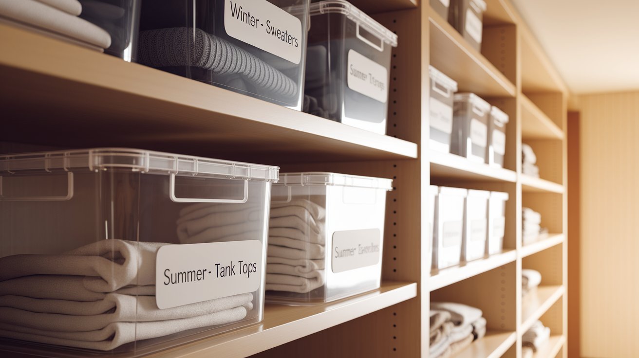 A closet filled with various boxes and neatly arranged clothes on shelves, showcasing organized storage.