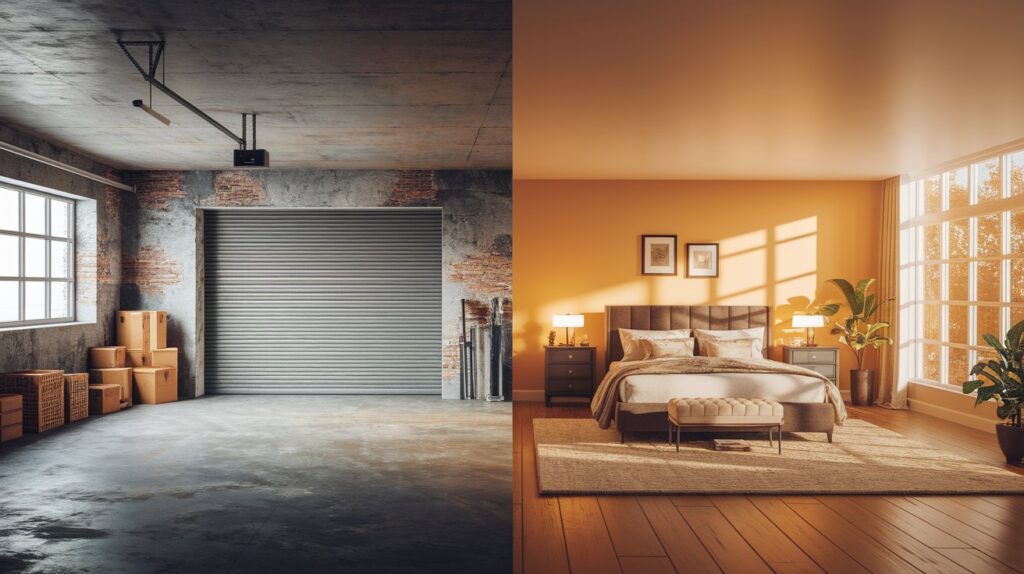 Two images showcasing a cozy bedroom and a spacious garage, highlighting their distinct features and organization.