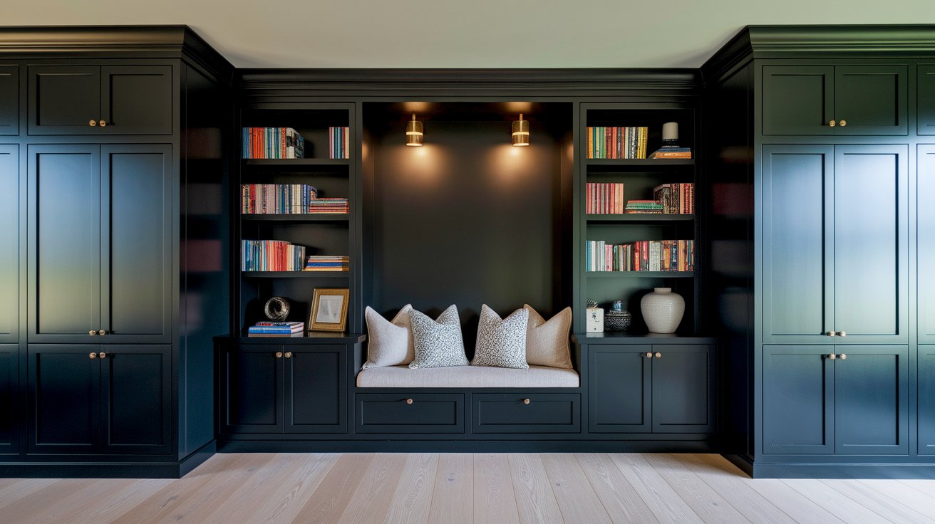 A black bookcase stands beside a bench and a couch in a cozy living space.