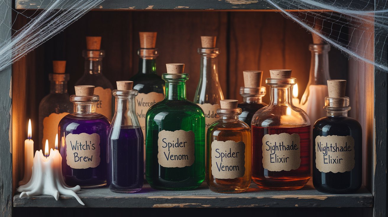 A shelf filled with various Halloween potion bottles in spooky designs and colors, creating a festive atmosphere.