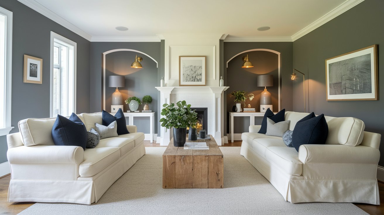A stylish living room showcasing white couches with blue pillows, offering a bright and comfortable seating area.