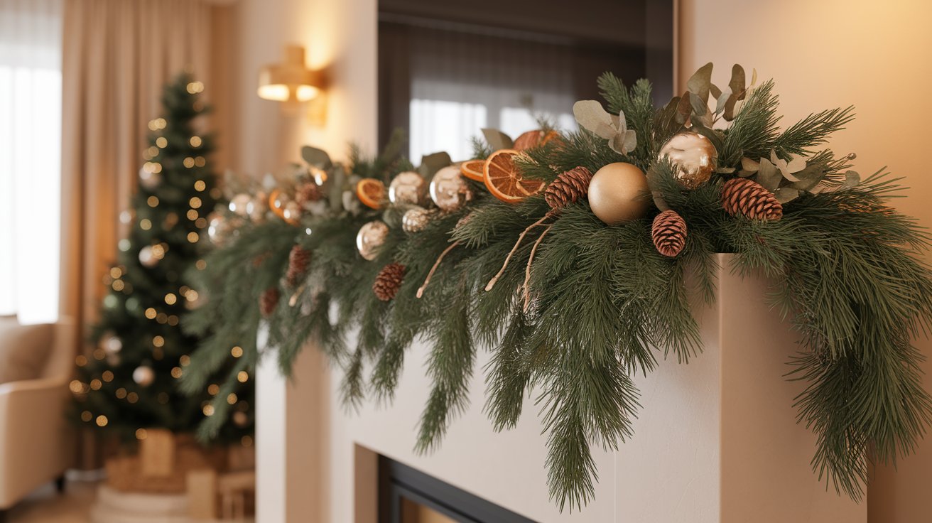 Christmas decorations adorn a living room mantle, featuring garlands, ornaments, and twinkling lights.