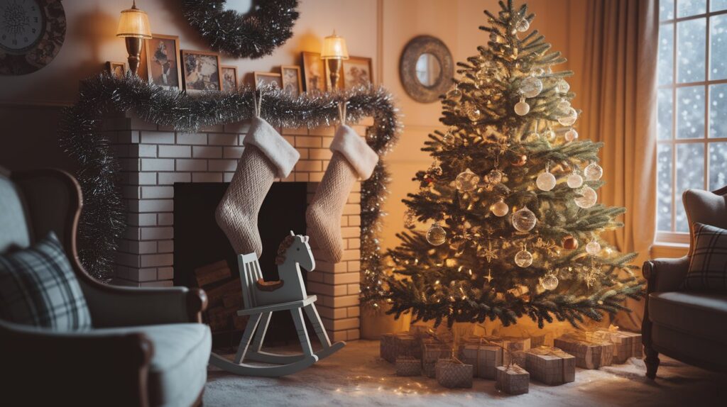 A cozy living room featuring a fireplace, a decorated Christmas tree, and colorful stockings hung on the mantel.