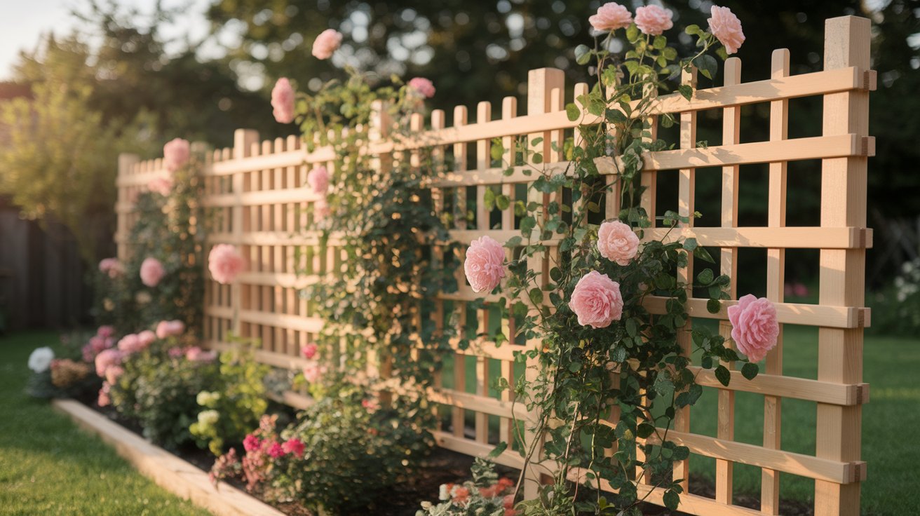 A wooden fence adorned with blooming pink roses in a vibrant garden setting.