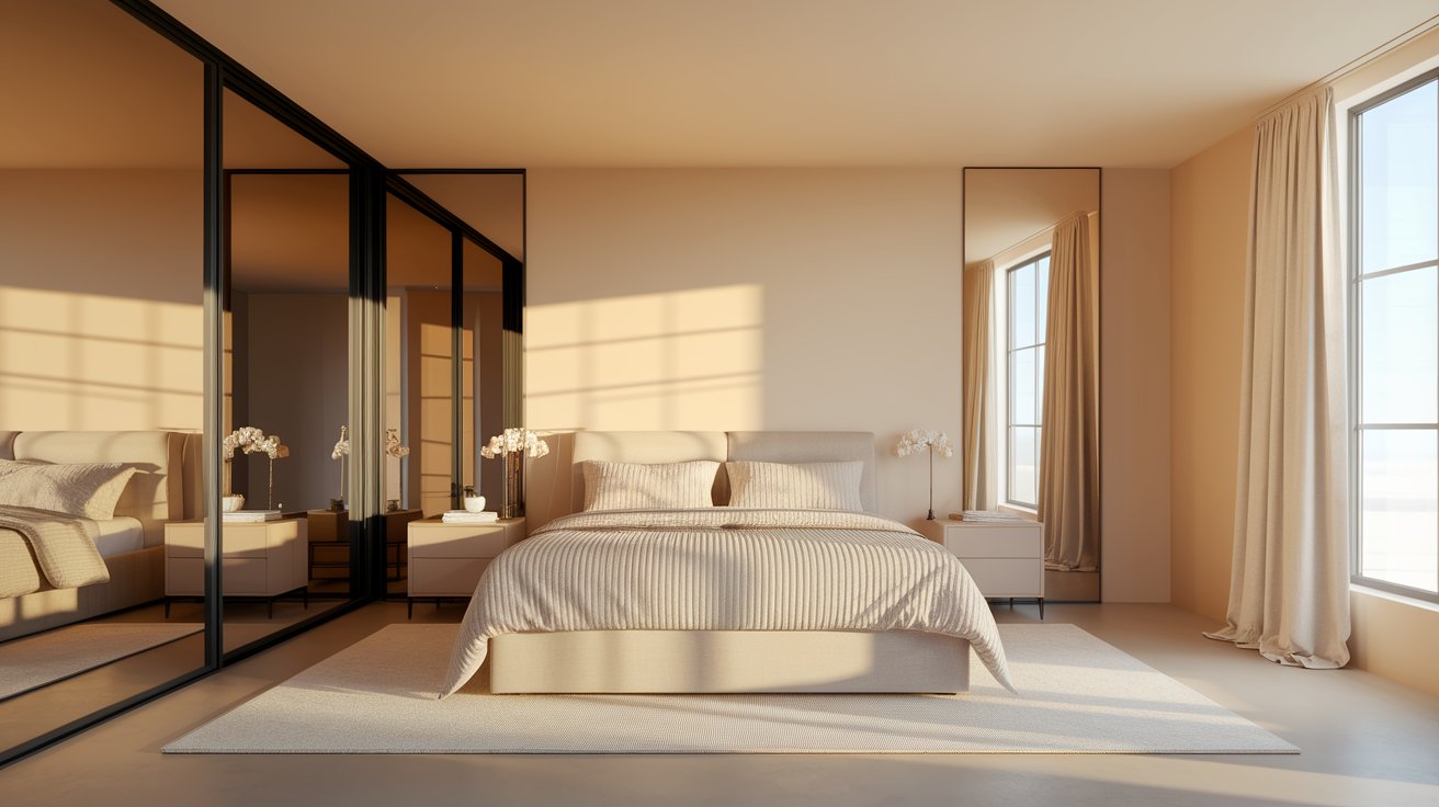 A modern bedroom featuring a neatly made bed and a large, stylish mirror reflecting the room's contemporary design.