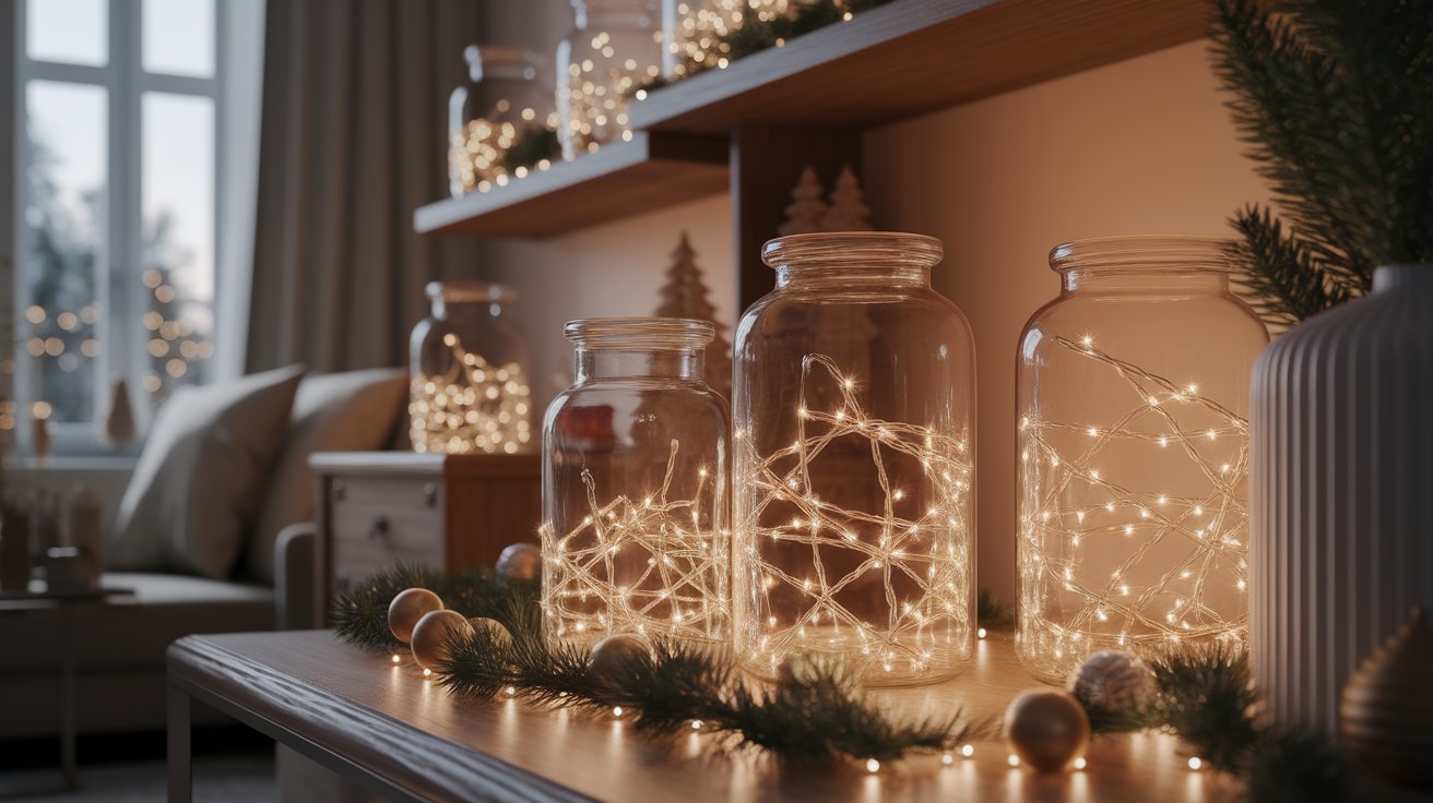 A shelf displaying jars filled with colorful Christmas lights, creating a festive and warm atmosphere.