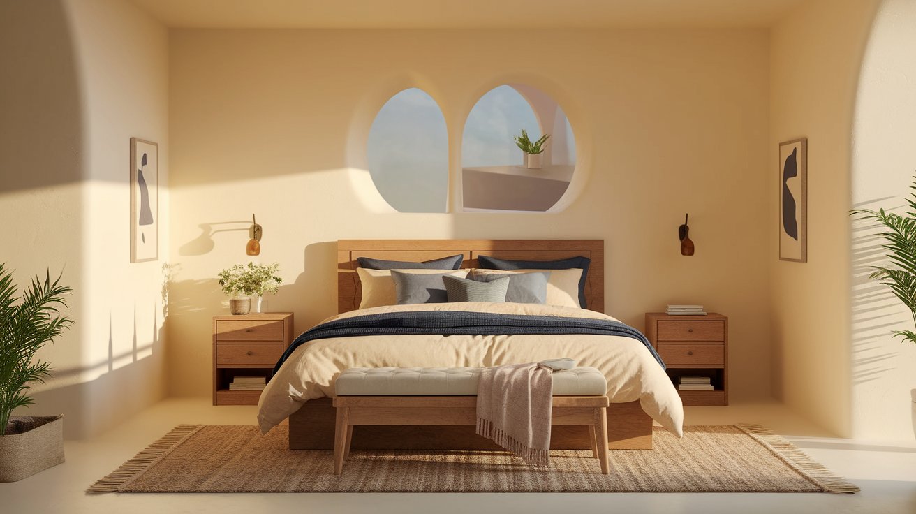 A cozy bedroom featuring a bed, a window allowing natural light, and a vibrant potted plant on the floor.