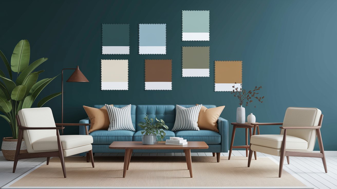 A living room featuring blue furniture set against a vibrant green wall, creating a fresh and modern atmosphere.
