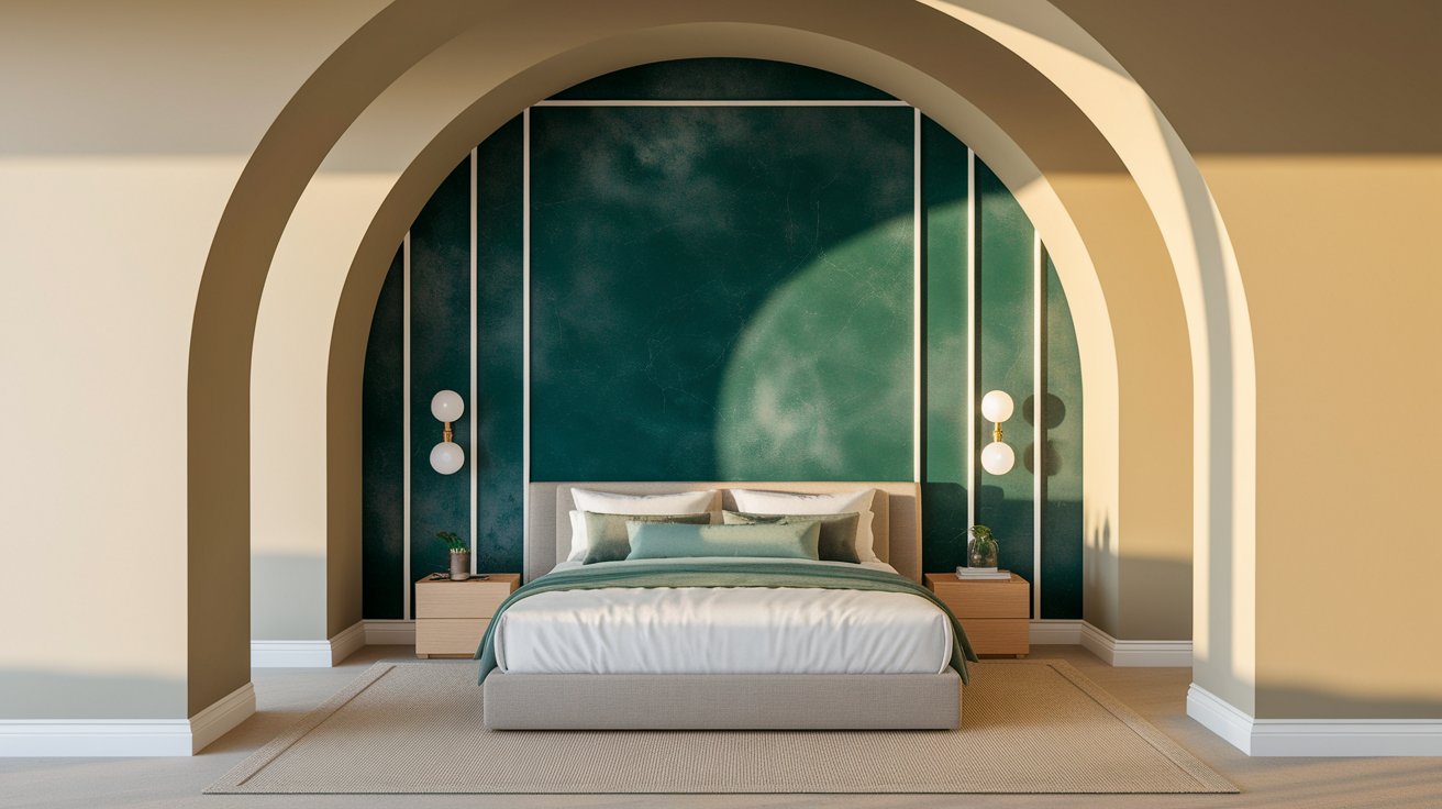 A cozy bedroom featuring green walls and a neatly made bed, creating a serene and inviting atmosphere.