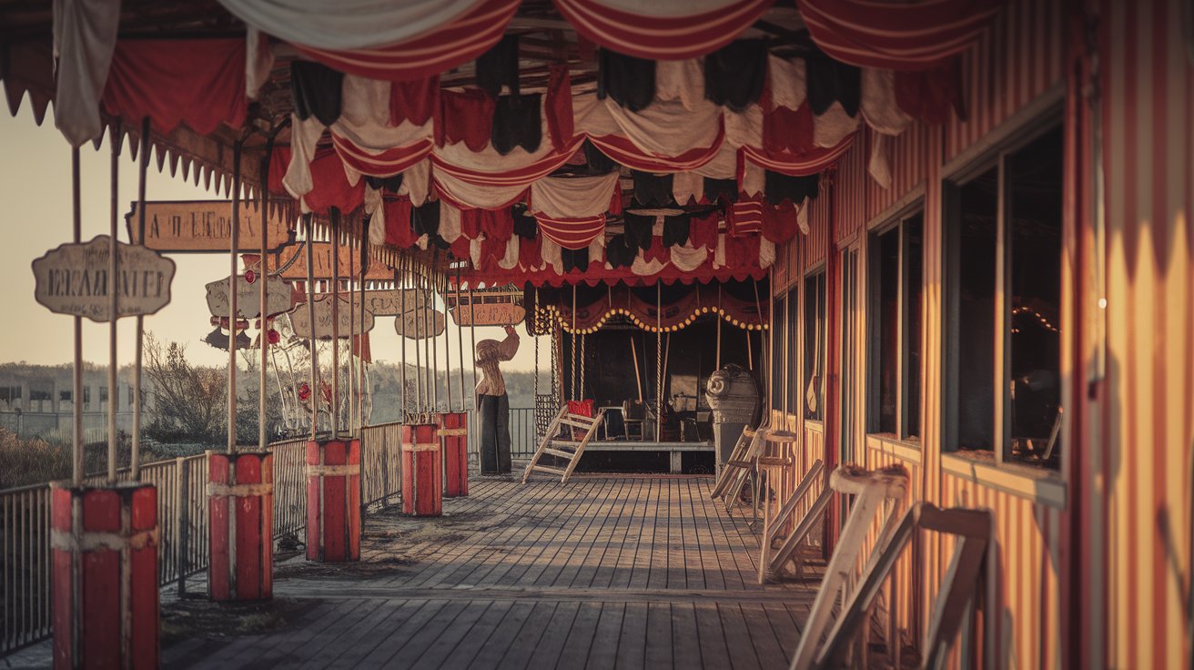 An old carnival ride is mounted on the side of a building, showcasing its vintage design against the urban backdrop.