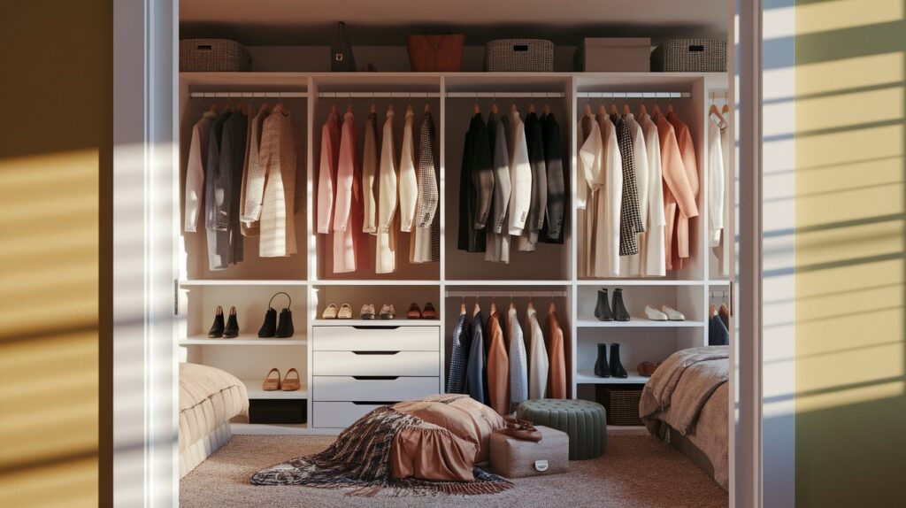 A closet filled with various clothes and shoes organized on shelves and hanging rods.