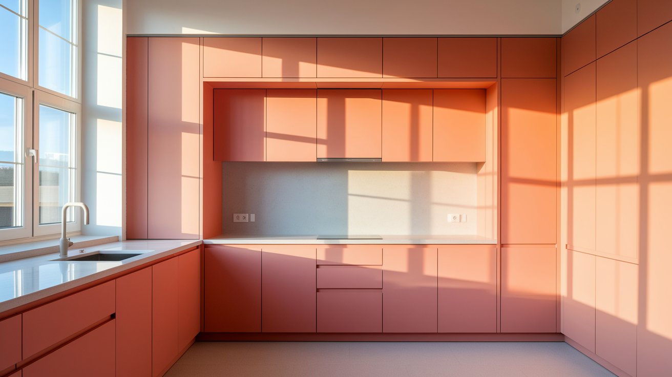 A kitchen featuring pink cabinets and a window, creating a bright and cheerful atmosphere.
