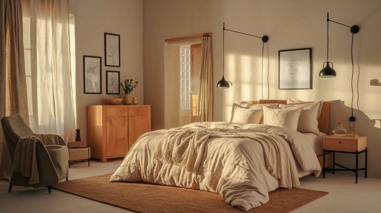 A cozy bedroom featuring a bed, a chair, and a lamp, creating a warm and inviting atmosphere.
