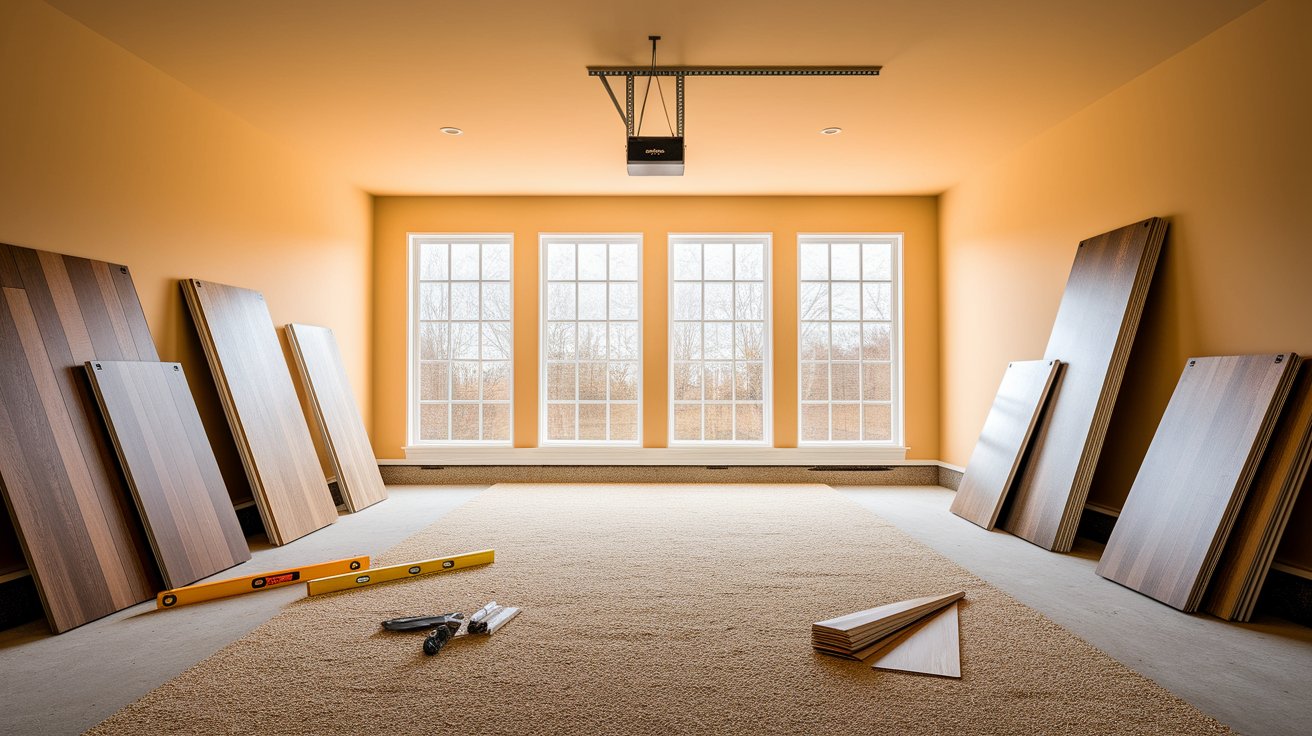 A room showcasing various types of wood flooring, highlighting different colors and textures in a well-lit space.