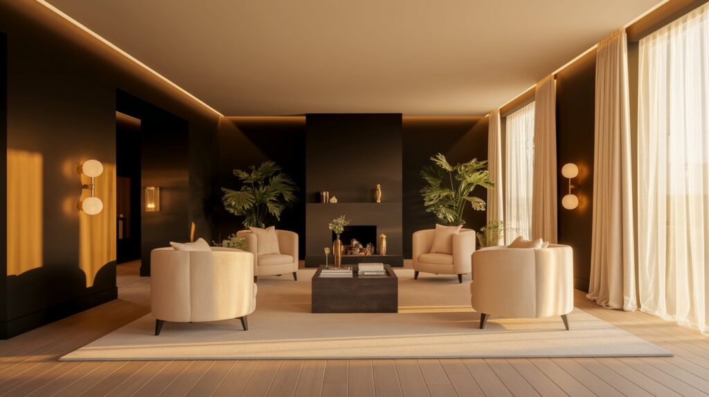 A cozy living room featuring a fireplace surrounded by comfortable chairs.