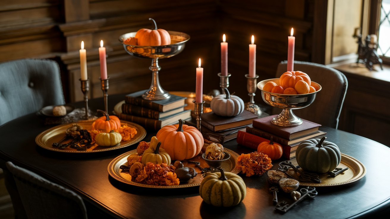 A table adorned with lit candles and decorative pumpkins, creating a warm, autumnal atmosphere.