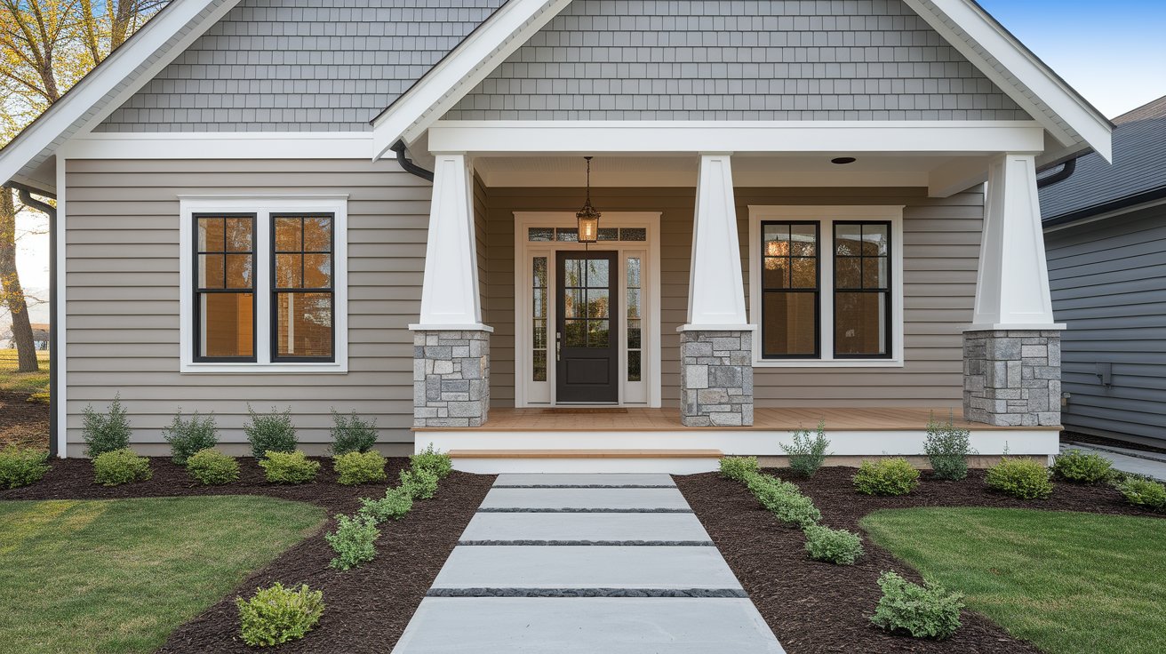 A quaint house with gray siding and white trim, surrounded by greenery.