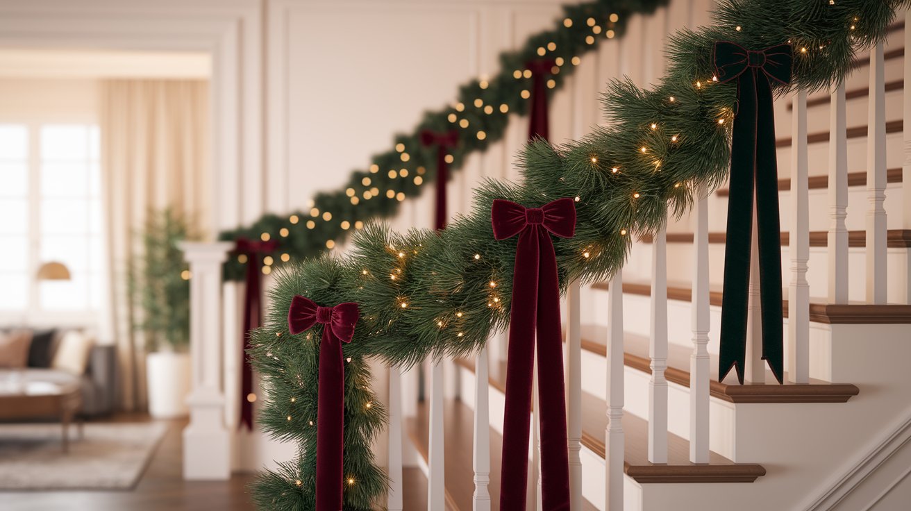 A staircase adorned with festive Christmas garland and decorative bows, creating a cheerful holiday atmosphere.