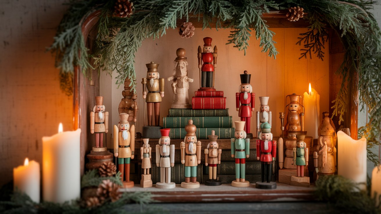 A festive display of Christmas decorations featuring colorful wooden nutcrackers among ornaments and garlands.