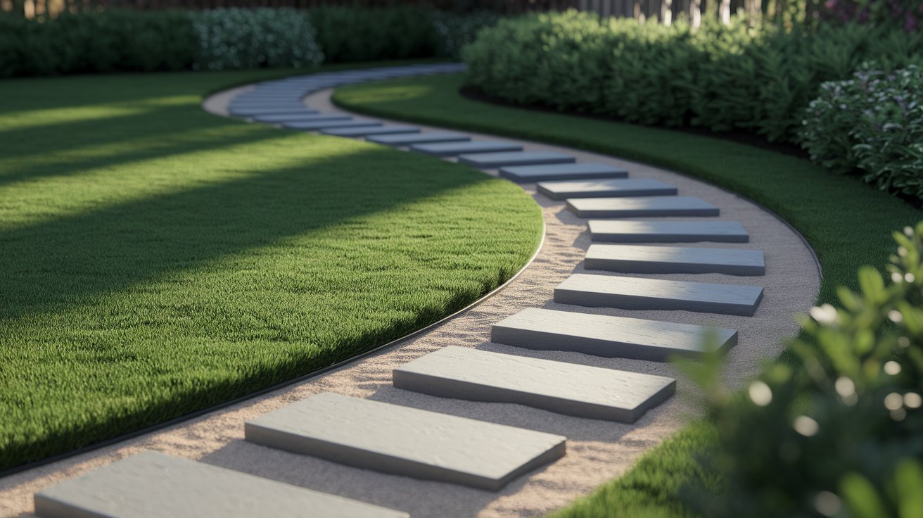 A grassy pathway featuring stone steps leading through a natural landscape.