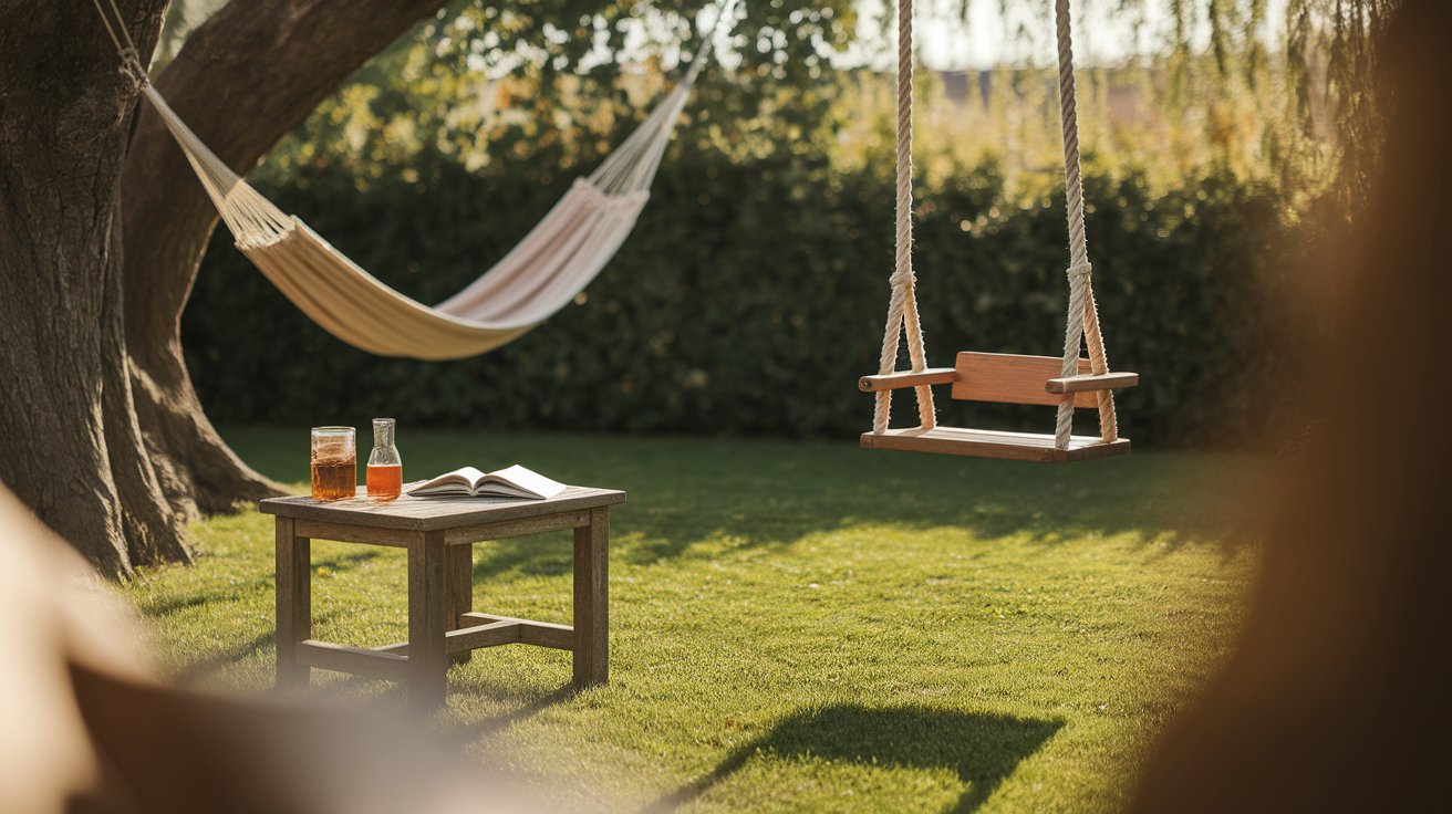 A hammock draped between two trees beside a small table in a serene backyard setting.