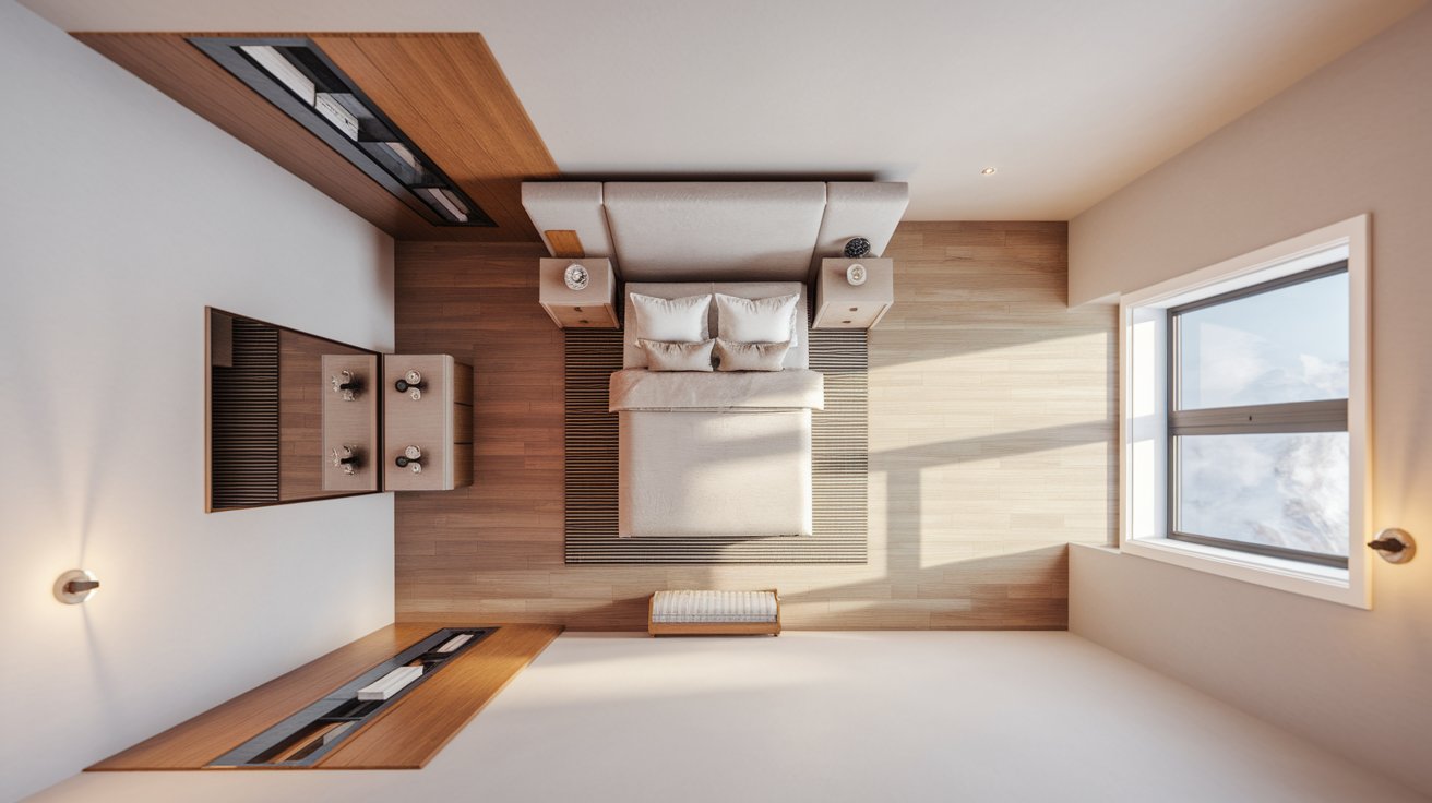 A cozy bedroom featuring a neatly made bed and a desk with a chair against the wall.