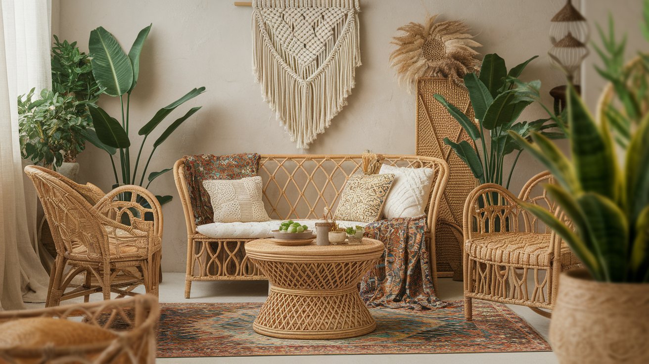  A cozy living room featuring wicker furniture and various indoor plants, creating a warm and inviting atmosphere.
