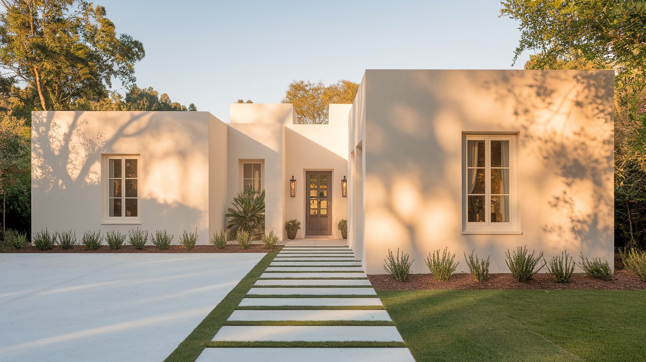 A modern white house with a clear pathway leading to the front door, surrounded by a well-maintained lawn.

