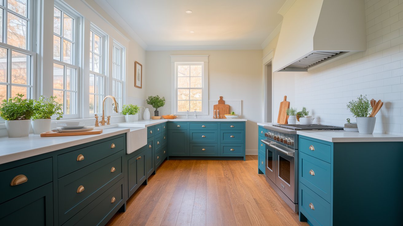 A kitchen featuring blue cabinets and warm wooden floors, creating a cozy and inviting atmosphere.
