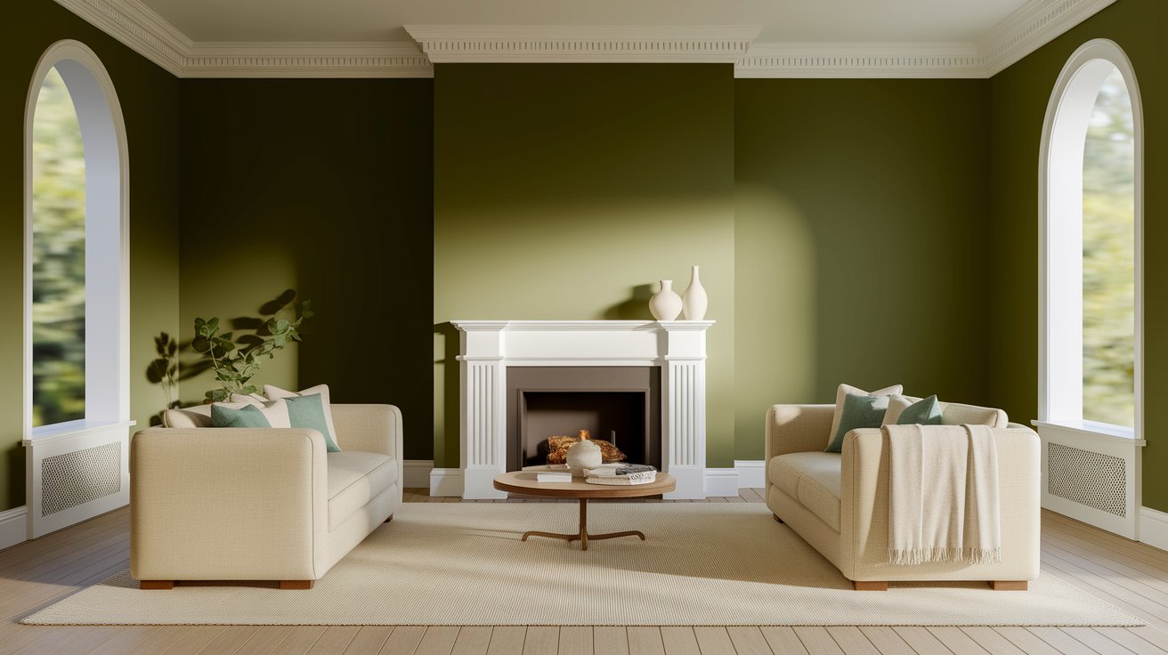 A living room featuring green walls and modern white furniture, creating a fresh and inviting atmosphere.
