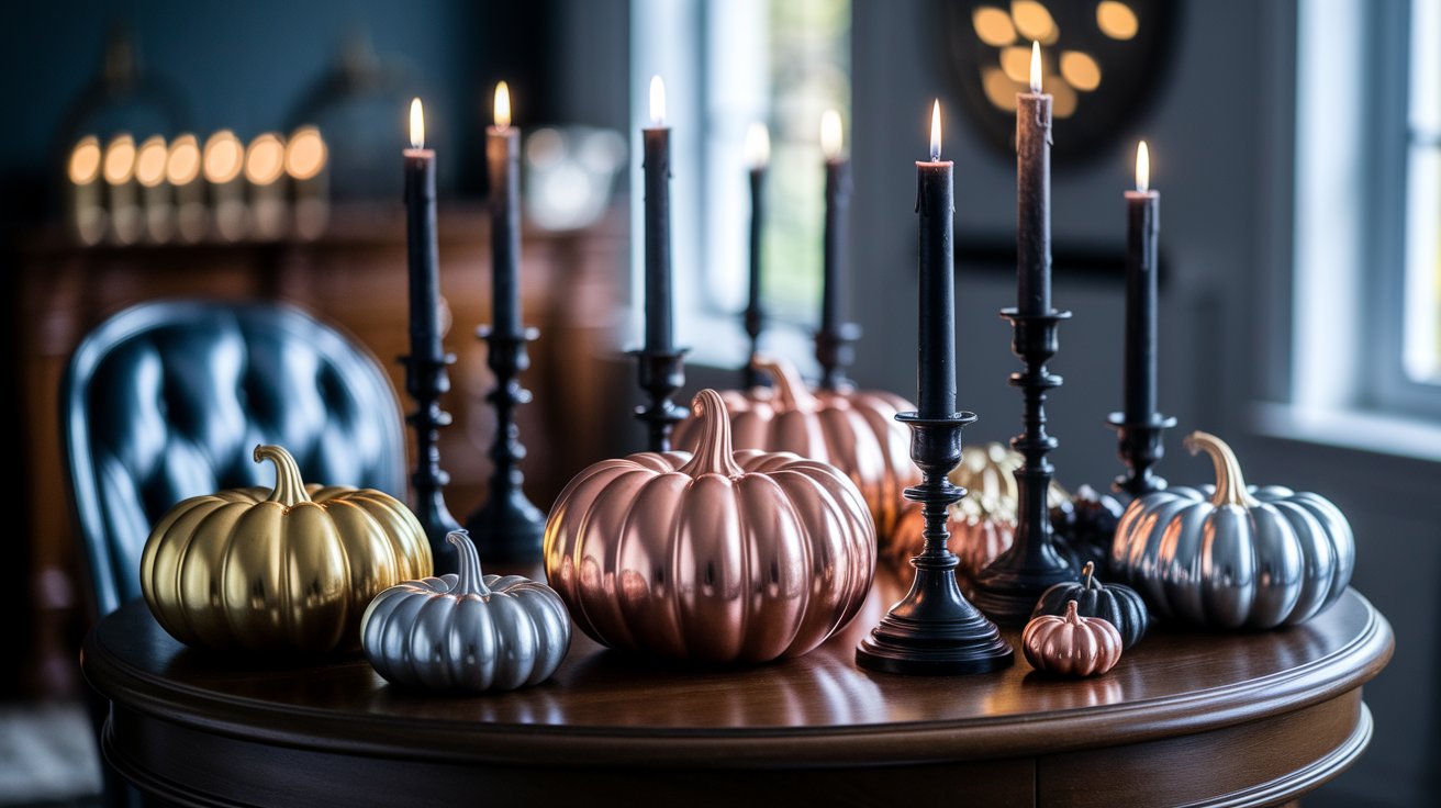 A rustic table featuring glowing candles and vibrant pumpkins, enhancing the seasonal decor.