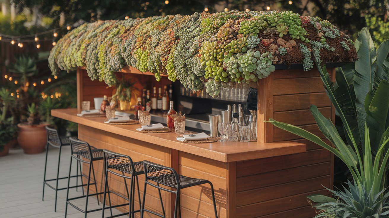 A bar adorned with various plants on top, creating a vibrant and natural atmosphere.