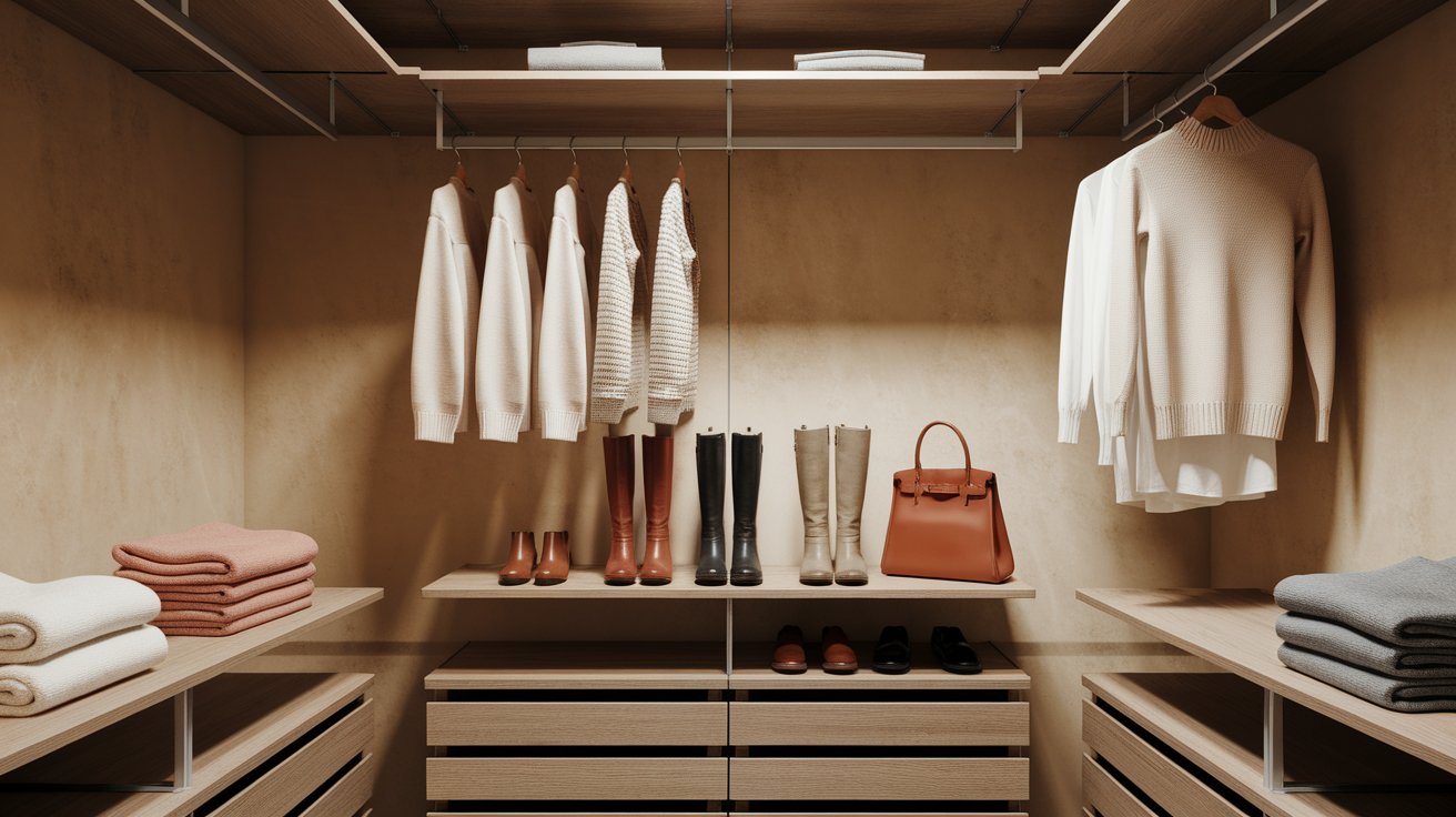 A spacious walk-in closet filled with neatly arranged clothes and an assortment of shoes on display.
