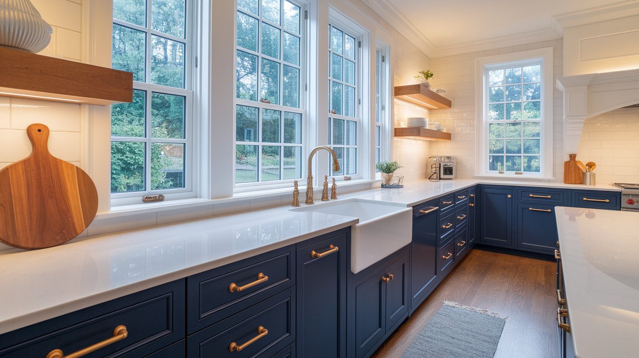 A modern kitchen featuring blue cabinets and white countertops, creating a bright and inviting atmosphere.
