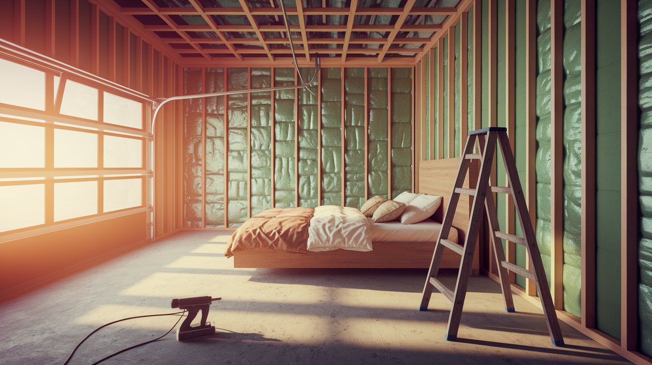 A cozy bedroom featuring a wooden ladder leaning against the wall, with soft lighting and a neatly made bed.