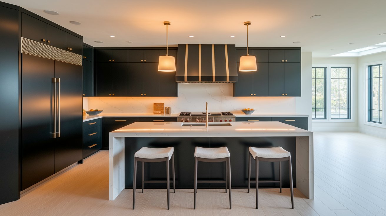A sleek modern kitchen featuring black cabinets and white countertops, showcasing a contemporary design aesthetic.

