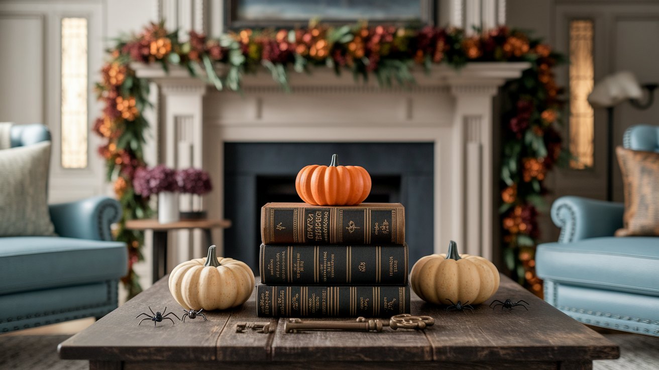 A cozy living room featuring a fireplace, shelves of books, and decorative pumpkins on a table.