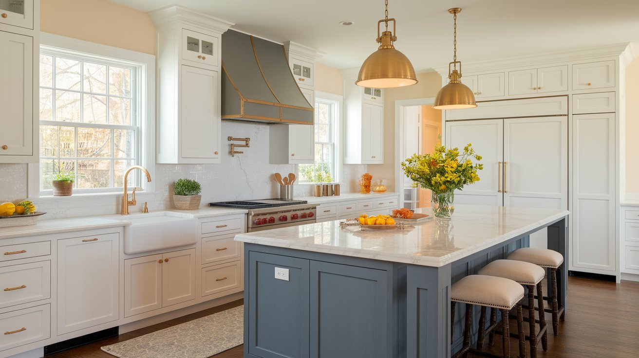 A contemporary kitchen showcasing white cabinets paired with bold blue countertops.