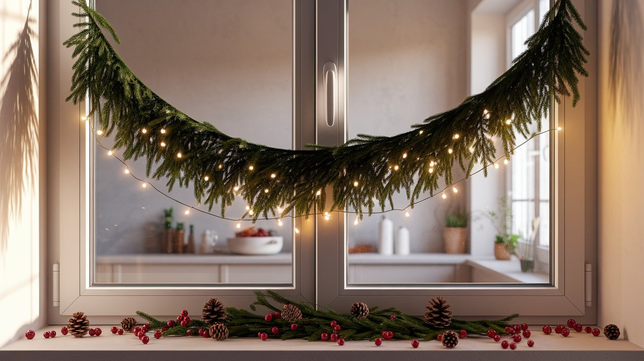 A window adorned with a garland made of pine cones and pine needles, creating a natural, festive atmosphere.