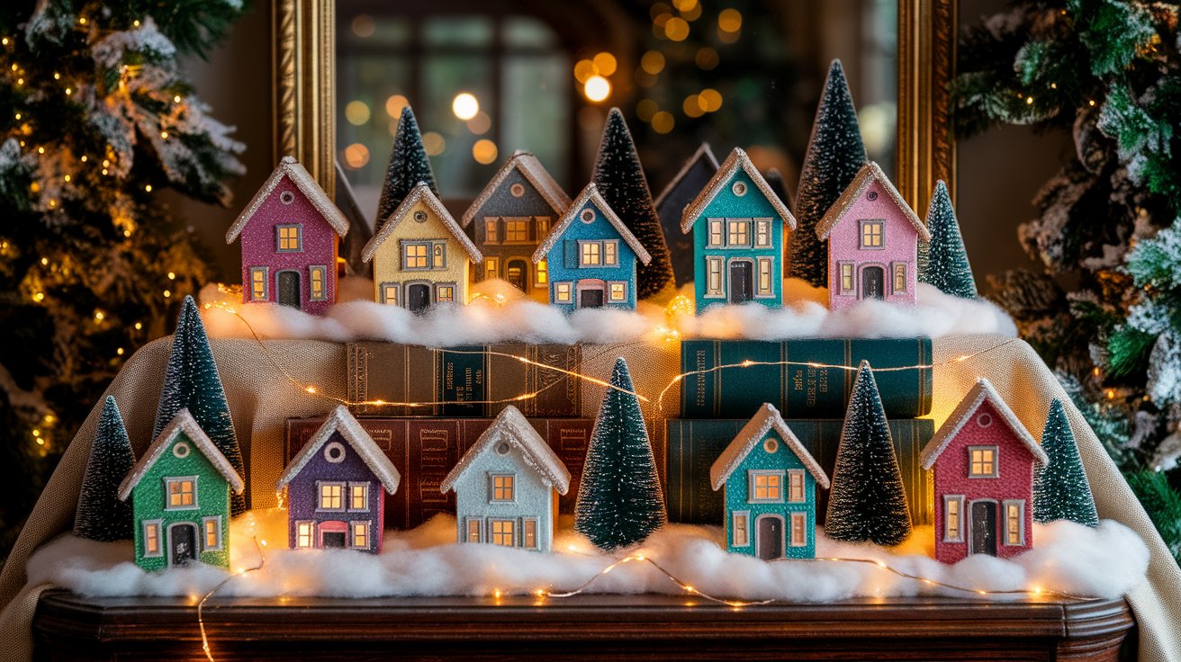 A beautifully arranged scene of Christmas village houses, each decorated with bright lights, evoking a joyful holiday spirit.