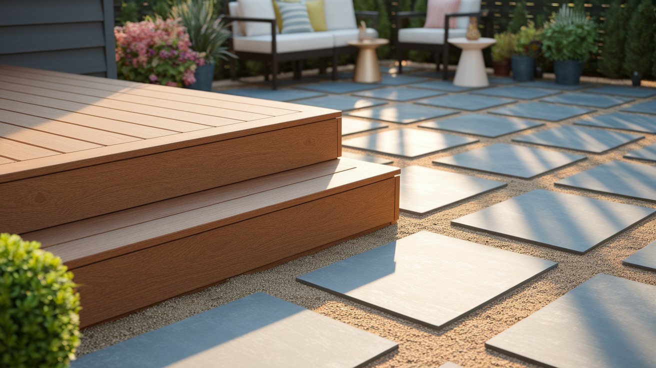 A wooden deck featuring a railing and a bench, showcasing natural wood textures and a serene outdoor setting.