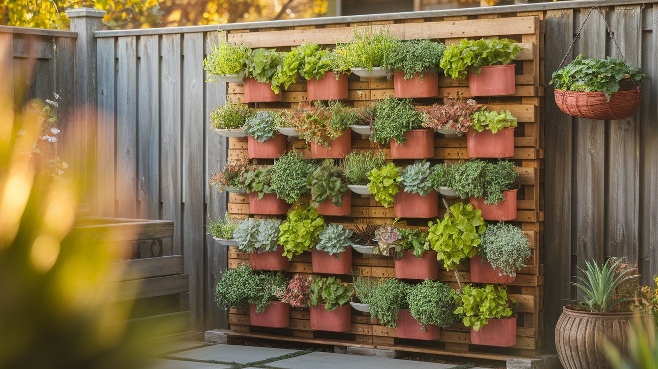 A wooden wall adorned with various green plants, creating a natural and rustic aesthetic.