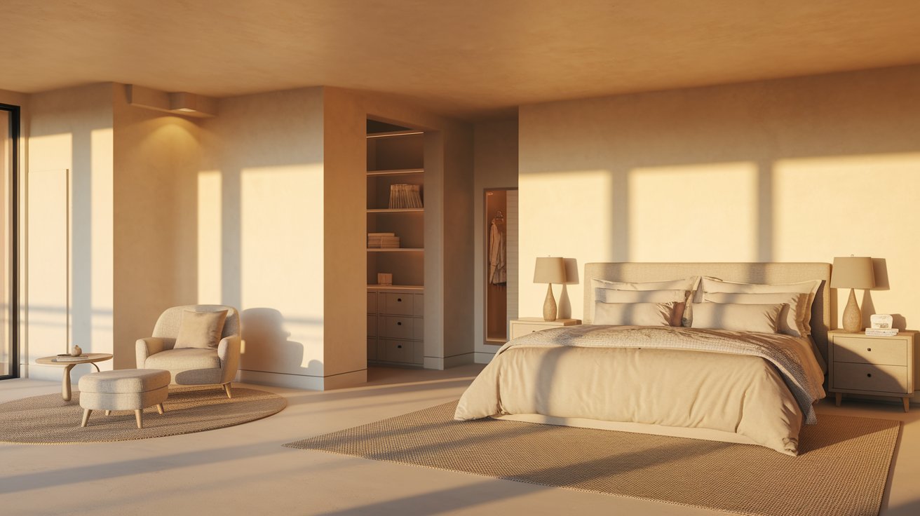  A modern bedroom featuring large windows and a spacious bed, creating a bright and inviting atmosphere.